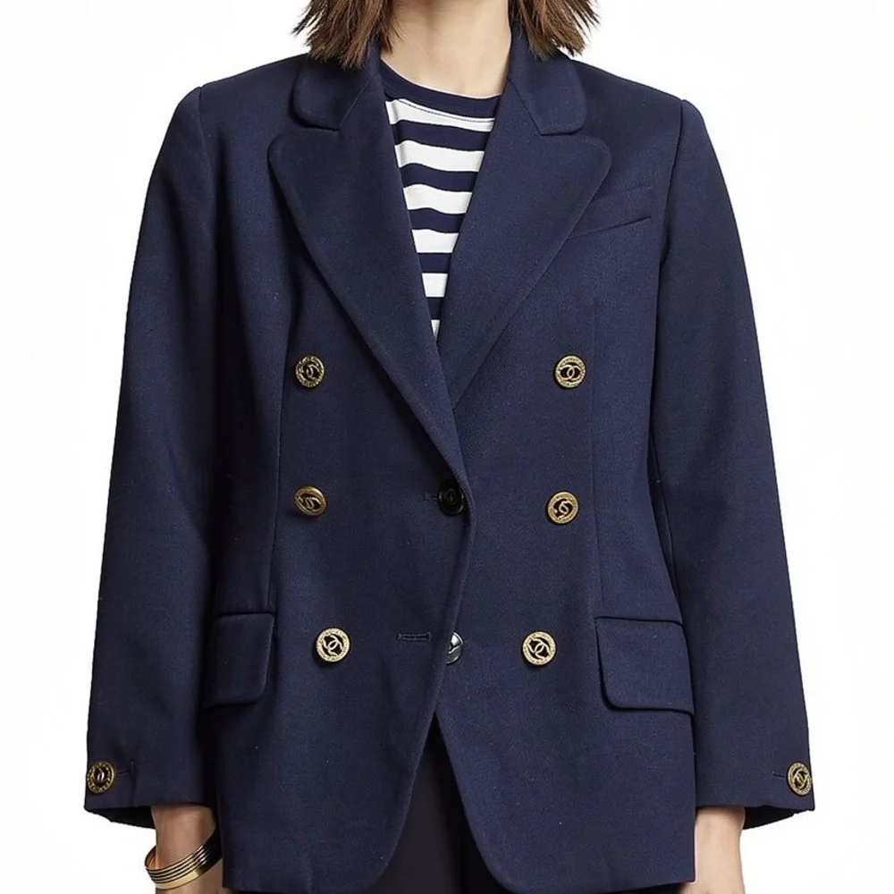 Vintage Chanel Boutique Navy Blue Double-Breasted CC Button Blazer